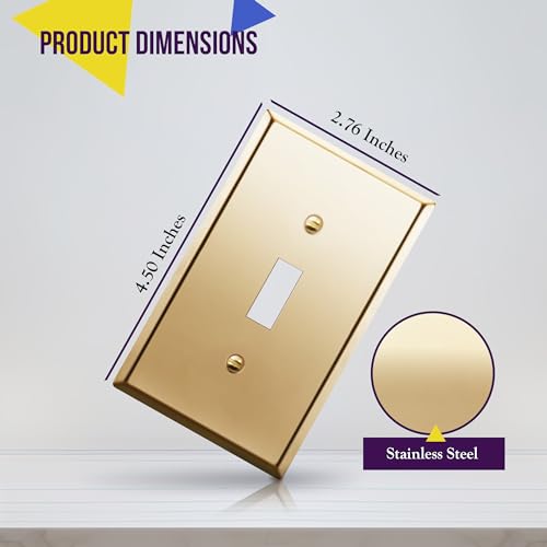 Image of ENERLITES Toggle Switch Metal Wall Plate, 1-Gang, Polished Brass, Gold | Luxury polished brass finish; Rust-proof Stainless Steel 201; Standard 1-gang; Fits toggle switches; 7711-PB