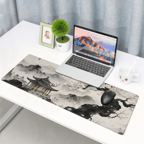 Image of Black Grey Japanese Mouse Pad 31.5x11.8 XL Watercolor Painting Cherry Blossoms Extended Large Mousepad Keyboard Mouse Mat Desk Pad with Non-Slip Rubber Base Stitched Edges for Home Office Game