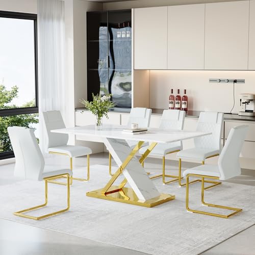 YUN.DREAM Marble Dining Table Set for 6,63 in White Rectangular