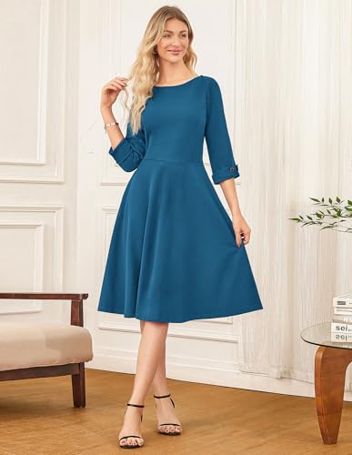 Image of GRACE KARIN Work Dresses for Women 2025 3 /4 Sleeve Fit and Flare Business Midi Dress Classy Office Dresses with Pockets