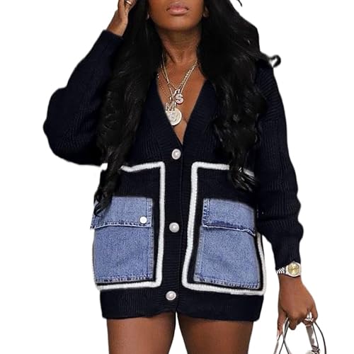 KANSOON Cardigan Sweaters for Women Casual Open Front Button Down Denim Patchwork Loose Knit Outerwear with Pockets