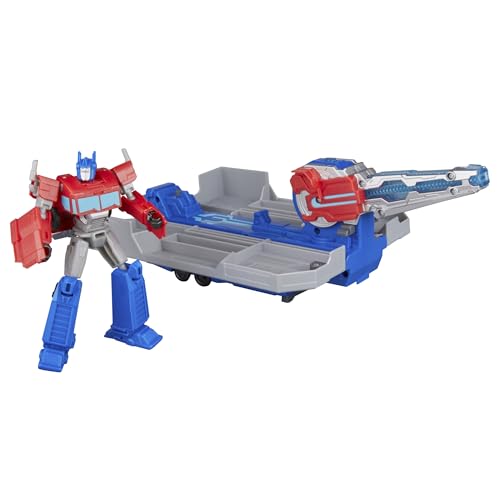 Image of Transformers EarthSpark Optimus Prime Battle Trailer Playset with Action Figure, Lights and Sounds, Electronic Truck Toys for Kids 6 and Up