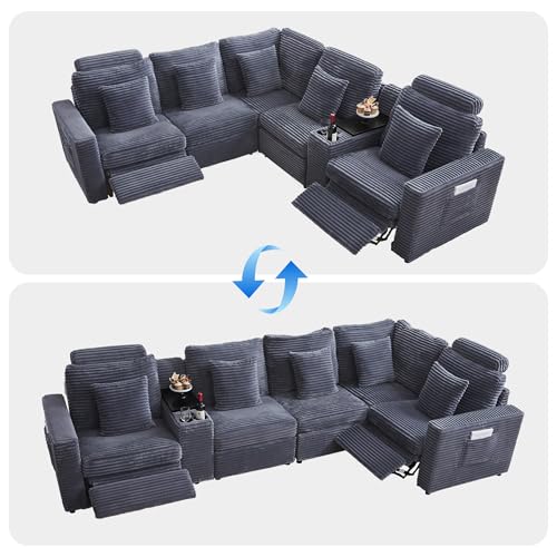 Image of RARZOE Oversized Modular Sectional Sofa with 2 Power Recliner, 5-Seater L-Shaped Corduroy Reclining Couch with Storage Console Charging Cup Holders, Fluffy Reclining Couches for Living Room,Grey