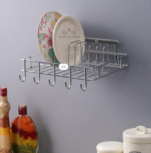 Image of Cri8Hub Multipurpose Wall Hanging Stainless Steel Big Mug,Cup & Saucer Holder, Plate Organizer Space Kitchen Saving Rack Utensil Kitchen Rack (Stainless Steel), Hanging Shelves, Standard