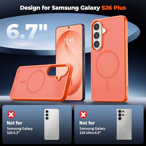 Image of SUPFINE Magnetic for Samsung Galaxy S26 Plus Case with Screen Protector, (Built-in Magnets) (Military Grade Drop Protection) Slim Translucent Shockproof Phone Case,Orange