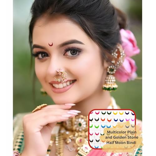 Image of Sunaina Designer Traditional Half Moon Bindi for Women & Girls, Multicolor, Plain Velvet & Golden Stone, Mix Size, Bridal Collection, 372 Bindis in a Book