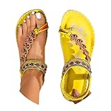  Minetom Sandales Plates Femme Été Boho Confortables Bout Ouvert Tong Chaussures pour Plage Vacances A Jaune 37 EU