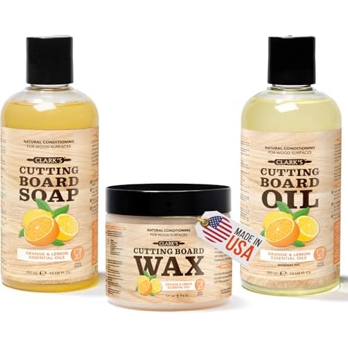CLARK'S Cutting Board Oil (12oz), Wood Wax (6oz) and Cleaner (12oz) Set – Food-Grade Mineral Oil for Wood Cutting Board - Scented with Orange & Lemon Essential Oils - Made in USA
