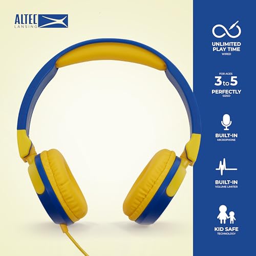 Image of Altec Lansing Kid Safe Wired Headphones, Over Ear Headphones for Kids Ages 3-5, Volume-Limiting Toddler Headphones with Mic, Compact Foldable Kids Headphones with Cord, APA Approved (Blue /Yellow)