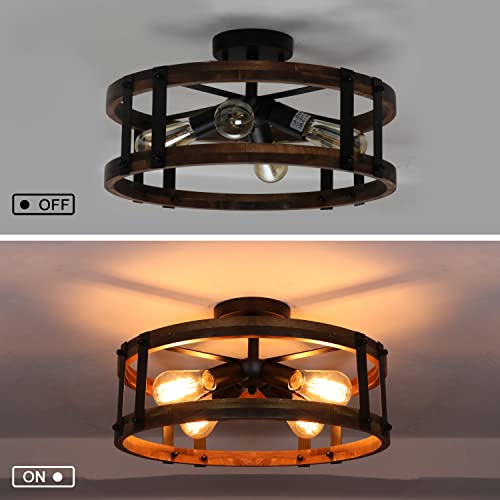 Image of Semi Flush Mount Ceiling Light Fixture, Modern Farmhouse Wood Drum Ceiling Lamp, Rustic Close to Ceiling Lighting for Hallway Entryway Laundry Room Bedroom (Bulb Not Included)