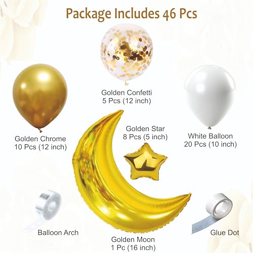 Image of Balloon Decoration Kit - 46 PCS White & Golden Balloons with Moon Foil Balloon for Birthday, Weddings, Anniversary & Events Garland Set | Birthday Decoration Items for Kids & Adults