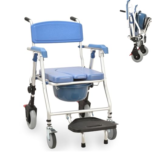 Silla de Inodoro con Ruedas, 3 En 1 Silla Wc y Ducha de Aluminio Silla de Ruedas Interior con Reposapiés Plegable, Taburete de Ducha para Personas Mayores Discapacitados Mujeres Embarazadas