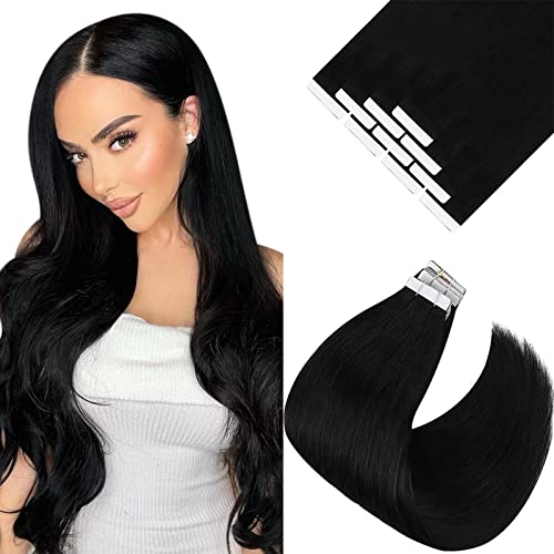 Tape in Hair Extensions Black Human Hair Tape on Extensions Jet Black Hair Soft and Straight Jet Black Hair Extensions Tape ins Invisible Tape Extensions Natural Hair 25g 10pcs 22Inch