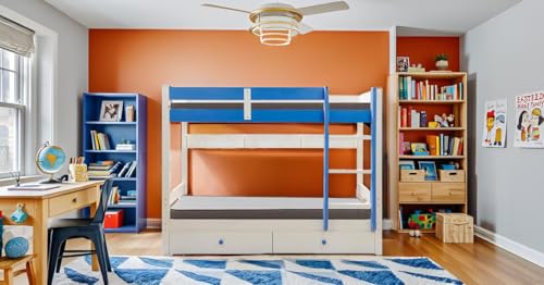 Image of KIDOMATE Mandarin Solid Wood Bunk Bed for Kids with Underbed Storage & Toy Rack | Space-Saving Twin Bed with Guard Rails, Ladder, Safety Design for Boys & Girls Bedroom (Blue, Single Over Single)