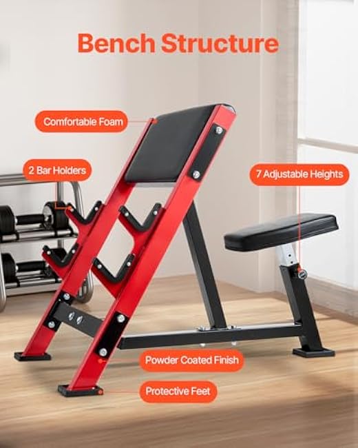 VEVOR Preacher Curl Bench, Strength Training Benches, Max Load 660 LBS Home Gym Fitness Equipment, Seated Arm Isolated Barbell Dumbbell Bicep Station, Adjustable Weight Bench with Bar Holders