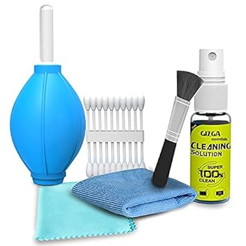 Gizga Essentials Professional 6-in-1 Cleaning Kit for Cameras & Sensitive Electronics (Includes: Air Blower, Cotton Swabs, Suede + Plush Micro-Fiber Cloth, Cleaning Brush, Cleaning Solution)