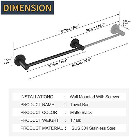 BESy Adjustable 37.2 to 69.6 CM Single Towel Rail for Bathroom SUS304 Stainless Steel Towel Bar, Wall Mounted with Screws Towel Holder Rod Hotel StyleMatte Black