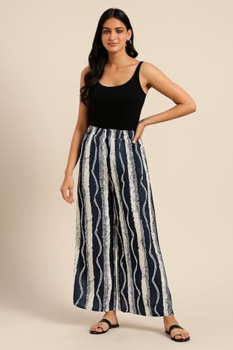 Image of PI World Printed Striped Western Mid Rise Palazzo /Trouser /Pant for Women /Girls Combo 2 (Waist 28 Inches to 36 Inches)