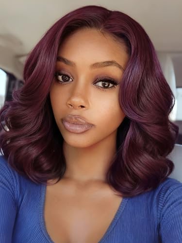 UNICE Black Cherry Bob Wig Human Hair Glueless, 7x5 Lace Closure Wig with Curtain Bangs, Pre Plucked Pre Cut Invisible Knots, Drawstring Put On & Go Beginner Friendly Short Bob Wig 12 inch