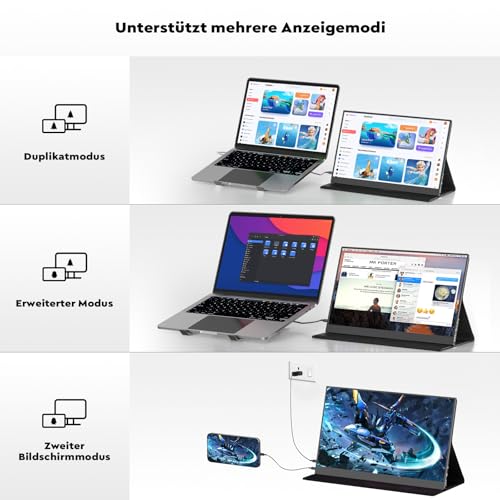 HONGO Portable Monitor 15,6 Zoll, FHD 1080P Tragbares IPS Bildschirm, HDR 100% sRGB Externer Laptop Screen Erweiterung, USB‑C, HDMI Stereolautsprecher inkl. Halterung für Laptop, PC, Mac, PS5, Xbox 6