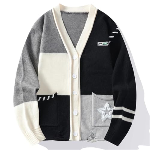 Men’S Thick Patchwork Knitted Cardigan V-Neck Long Sleeve Single Breasted Japanese Style Warm Sweater3