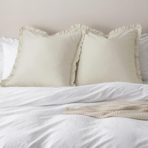 PHF Washed Cotton Euro Shams with Ruffle 26"x26", Tofu, 2 Pack, No Insert