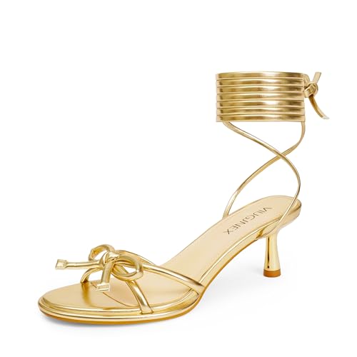 VIUGJNEX Kitten Heels Gold Strappy Heels Lace up Rounded Toe Sandals Bow Tie Prom Shoes Party Dressy Summer Shoes Size 8
