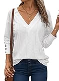 Dokotoo Tops for Women Trendy Summer 2025 Plus Size Women Blouses Dressy Casual V Neck Long Sleeve Shirts for Women Hollow Out Business Casual Lace Embroidered Tops Fall Outfits White Tops L