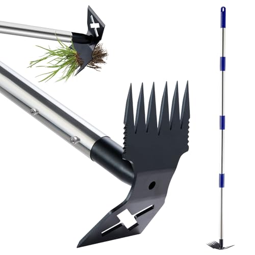 LAWFYMORI Weed Puller with Long Handle, 150cm Weed Remover Weeding Tool, 2 in 1 Manual Weed Rake and Garden Hoe, Heavy Duty Gardening Weeder Tools for Yard, Lawn, Patio, Garden Blue