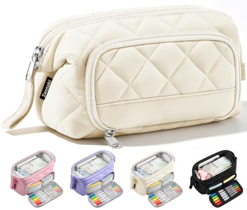 Image of Zannaki Soft Quilted Large Pencil Pouch Organizer with Wide Opening for Boys Girls Teens - Extra Big Capacity Pen Pencil Bag with Zipper, Portable Pencil Case Box for School, College, Cosmetic Gift