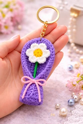 Image of Handmade Crochet Rose Flower Keychain for Women & Girls, Cute Red Flower Key Ring, Soft Yarn Knitted Charm, Romantic Gift, Bag Accessory, Car Key Holder, Aesthetic Handmade Gift