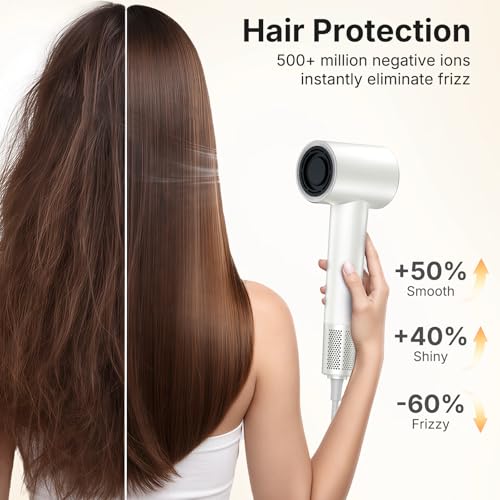 Image of High-Speed Hair Dryer with Diffuser, Ionic Blow Dryer, White | 160,000 RPM Brushless Motor, 500 Million Negative Ions, Prevents Overheating, 59dB Low Noise, For Curly Hair, Travel Compact
