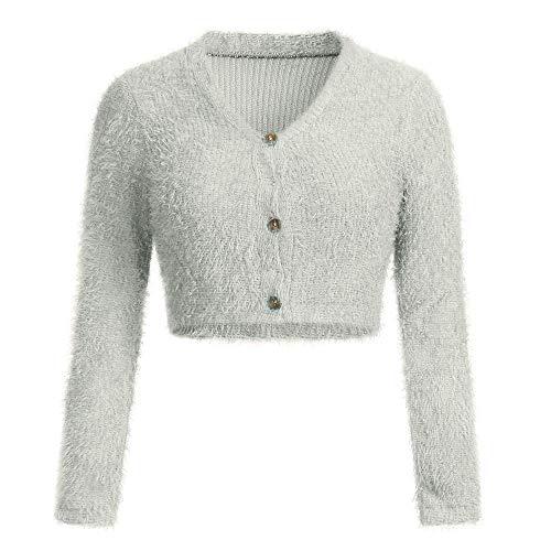 Femme Hiver Pull Court Pas Cher A La Mode Chaud Col V en Tricot Poilue POPLY Pull décontracté à Manches Longues Chic Sweater Chandail Lâche Blouse Fille Printemps Tops Femme Crop Top Cover