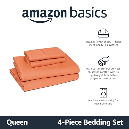 Image of Amazon Basics Lightweight Breathable Microfiber 4-Piece Bed Sheet Set, Brick, Solid, Queen