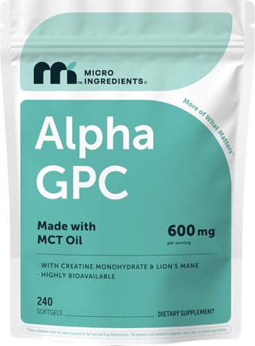 Micro Ingredients Alpha GPC 600mg per Serving with MCT Oil 240 Softgels Bioavailable Choline Supplement with Creatine Monohydrate & Lions Mane NonGMO cGMP Manufactured