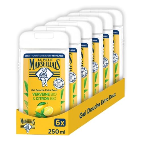 Le Petit Marseillais - Gel Douche Extra Doux Verveine Bio & Citron Bio (lot de 6 flacons de 250 ml) – 92 % d'ingrédients d'origine naturelle – Flacon entièrement recyclable