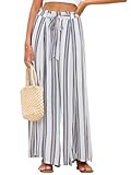 Simplee Women's Elegant Striped Split High Waisted Belted Flowy Wide Leg Pants, White Stripe, 4/6, Small