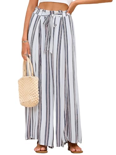 Simplee Women's Elegant Striped Split High Waisted Belted Flowy Wide Leg Pants, White Stripe, 4/6, Small