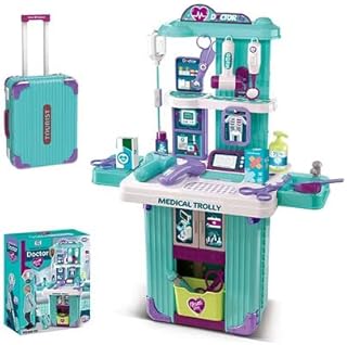 مجموعة ألعاب عربة طبية للأطفال، مجموعة طبيب 2 في 1 مع شنطة سفر بعجلات، مجموعة مستشفى للعب التظاهري، أزرق مخضر وأرجواني