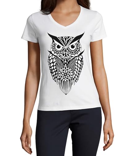 T-shirt col en V blanc coton Serious Owl Art confection premium femme