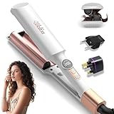 Mini Waver Crimper Hair Tool for Women Short Hair Travel 0.4 inch Double Barrel Small S Waver Curling Iron Dual Voltage (110-240V) with European Plug Adapter, 5 Temps for Dating, Daily (White Gold)