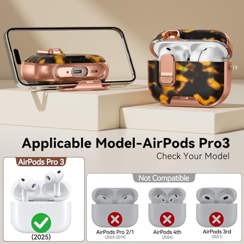 Image of for AirPods Pro 3 Case 2025, with Safty Lock & Phone Stand for Floral AirPods Pro 3 Generation Case Cover for Women Girly, iPod Pro 3 Case with Keychain & Cleaner Kit - Brown+Black Tortoise