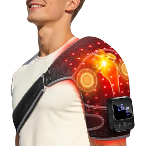 Red Light Therapy for Shoulder with Heat & Massage 5000mAh Controller Infrared Light with 3-in-1 72 LEDs Portable Shoulder Wrap 2 Extension Wrap (M/XL) Black