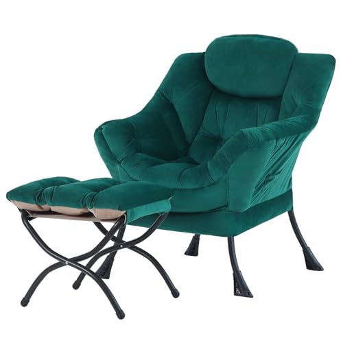 Image of Tiita Lazy Chair with Ottoman, Green Modern Large Accent Chair, Comfy Leisure Sofa Armchair with Ottoman, Reading Chair with Footrest for Bedroom, Living Room, Dorm Rooms, Velvet Green