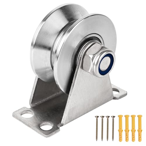 Groove Pulley Wheel for Rope Wall Mounted 1 Pack Stainless Steel Super Silent Cable Pullys Wheels System V Type Blocks Rollers Detachable Duplex Bearing for Gym Equipment Sliding Gate (with Screws)
