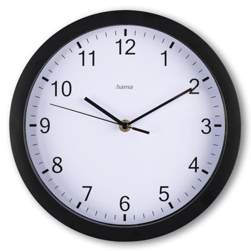 Hama Wanduhr analog (ohne Tickgeräusche groß, Moderne Wanduhr auch für Senioren, Kinder und Teenager, Wanduhr Quartz minimalistisch, Wohnzimmeruhr, Küchenuhr, Ø 25 cm, Glas Abdeckung) schwarz