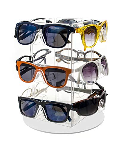 Marketing Holders Rotating Eyewear Holder Countertop Display Stand Holds 12 Pairs of Sunglasses or Eyeglasses Clear Acrylic with White Base for Pharmacies Optical and Department Stores
