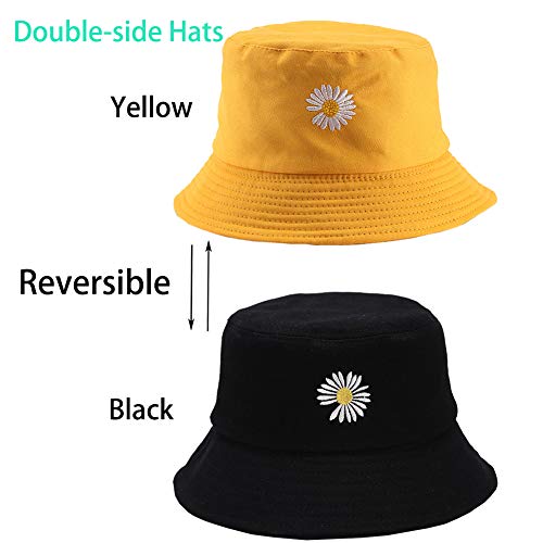 Sun Hat For Women Men Cotton Uv Protection Bucket Hat Summer Fishing Hunting Hiking Travel Cap Double-Sided Reversible Wide Brim Beach Hat Unisex Girls Packable Outdoor Daisy Hat(Black Yellow #TOP1