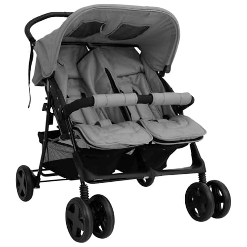 Teenpull Carrito gemelar de acero gris claro con función reclinable y capota, plegable y compacto para ciudad, terreno, compras y viajes, con cesta y fácil transporte para 2 niños