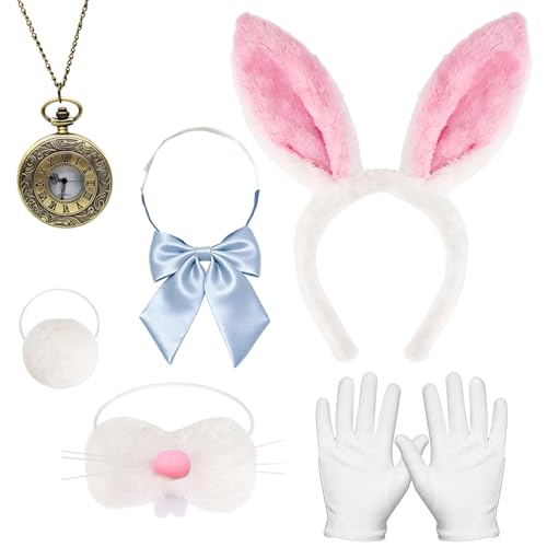 6 Ensemble Costume de Lapin - Oreilles de Lapin, Couronne de Cheveux + Gants + Queue + Nez + Poche...